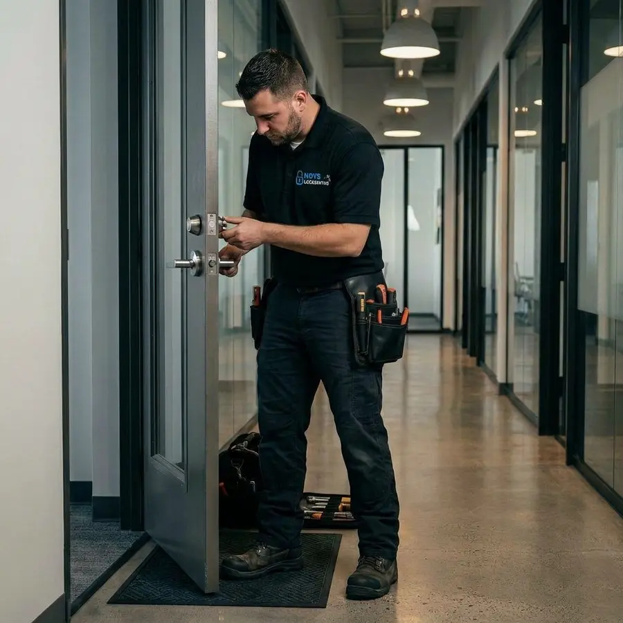 Noys Locksmiths technician installing a commercial lever lock on an office door in Skokie, IL